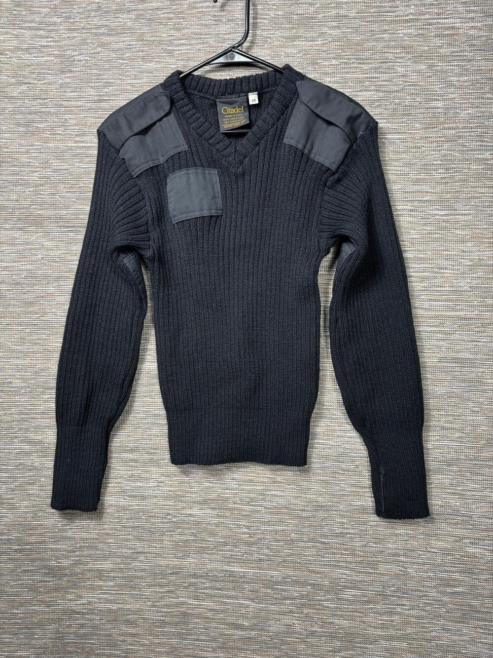 Citadel Sweater Mens Small Black Wool V Neck Military Shoulder Elbow Patches